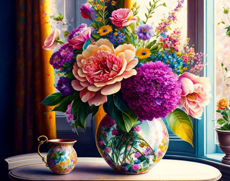 Colorful mixed flower bouquet in patterned vase with sunlight and small jug on wooden surface