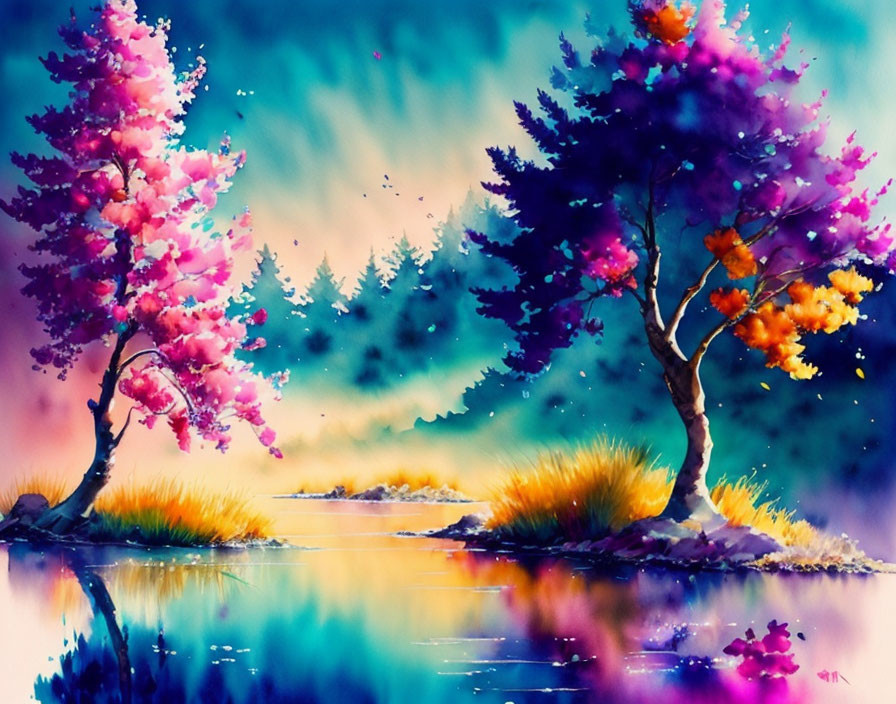 Colorful Watercolor Painting of Whimsical Trees by Blue River