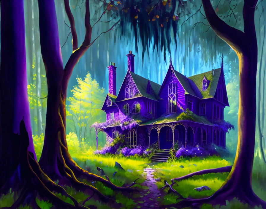 Whimsical Victorian-style house in mystical forest with purple and blue hues