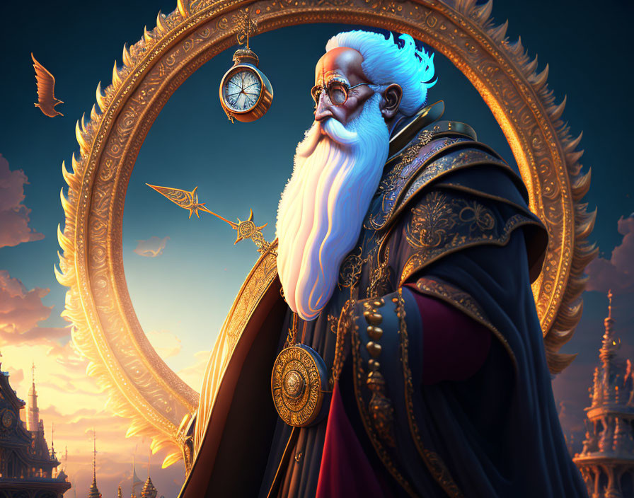 Regal elderly man in ornate attire with golden compass and cityscape backdrop