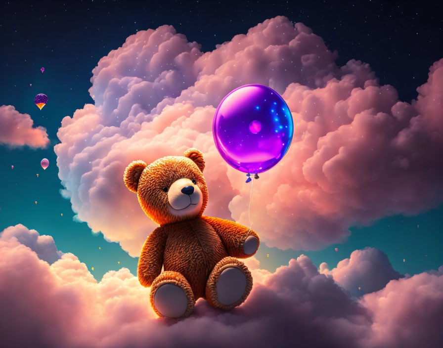 Teddy bear with purple balloon on clouds in twilight sky