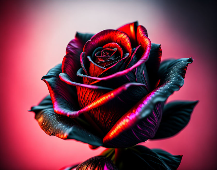 Close-up vibrant rose with deep reds and purples against soft-focus pink background