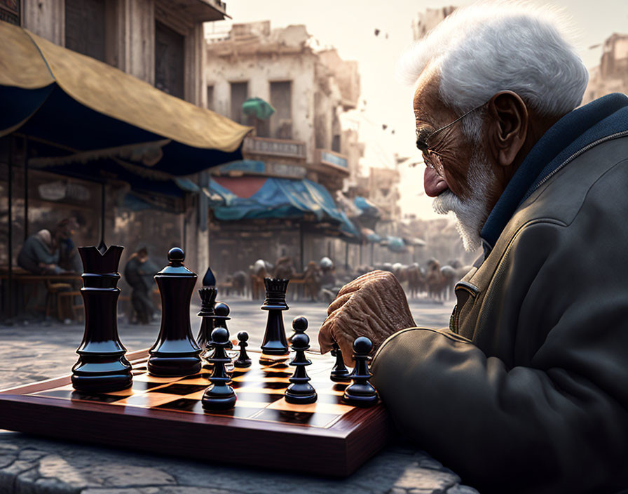 Elderly man with white hair and glasses playing chess in street market