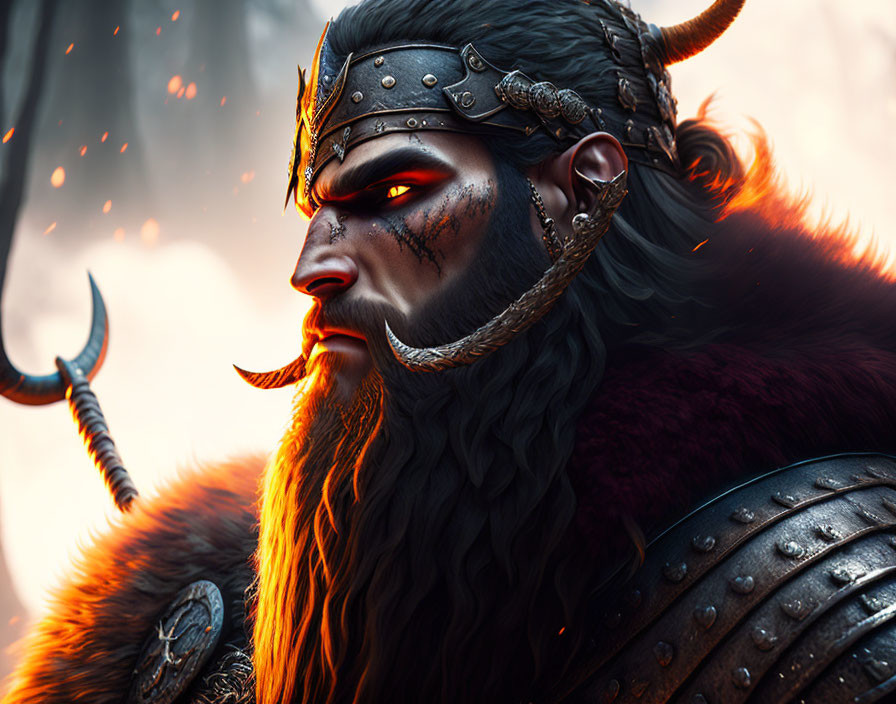 Warrior with horned helmet and warpaint in front of fiery backdrop