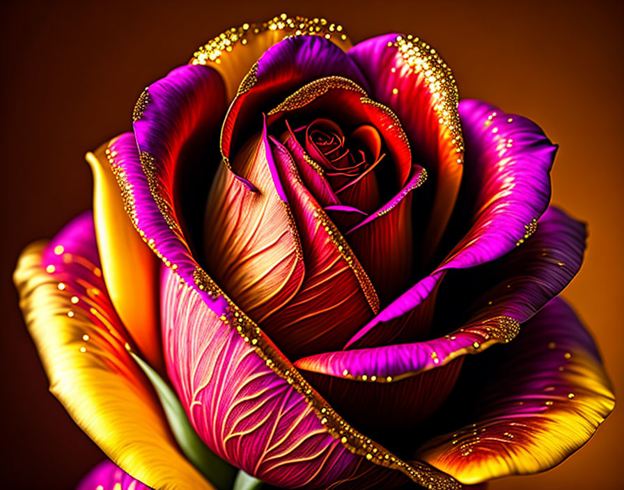 Colorful digital artwork of a rose with purple, orange, and yellow hues.