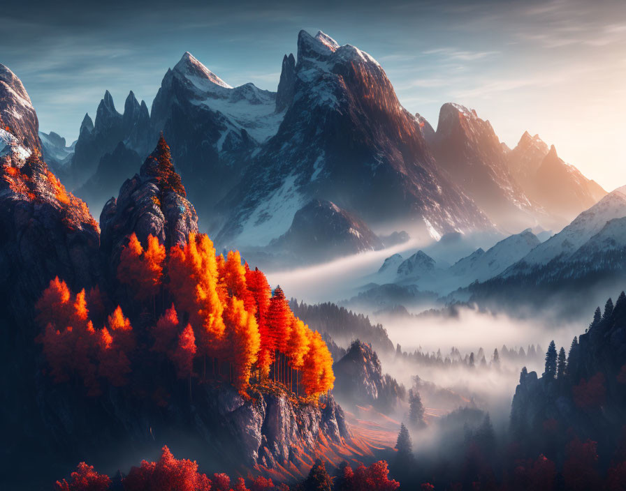 Snow-capped mountains, autumn forest, misty valley at sunrise