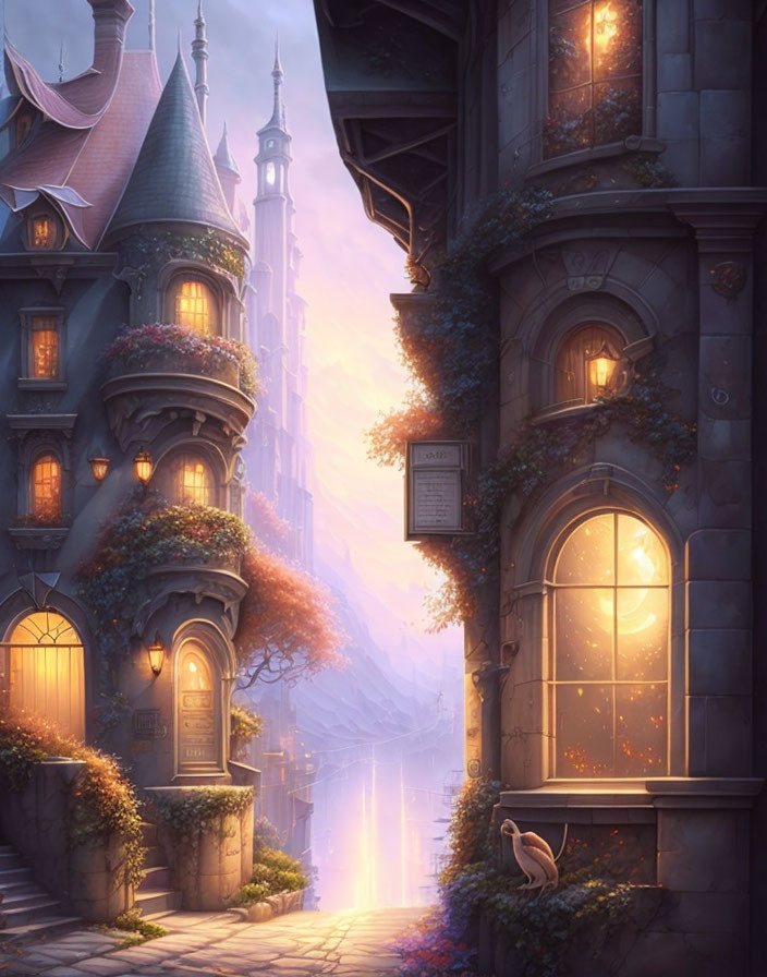 Enchanting evening view of magical street with ornate buildings, glowing windows, waterfall, lush foliage