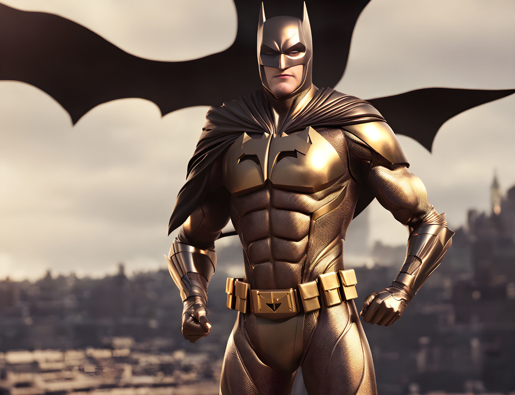 Elaborate Batman costume with prominent bat emblem and cityscape background