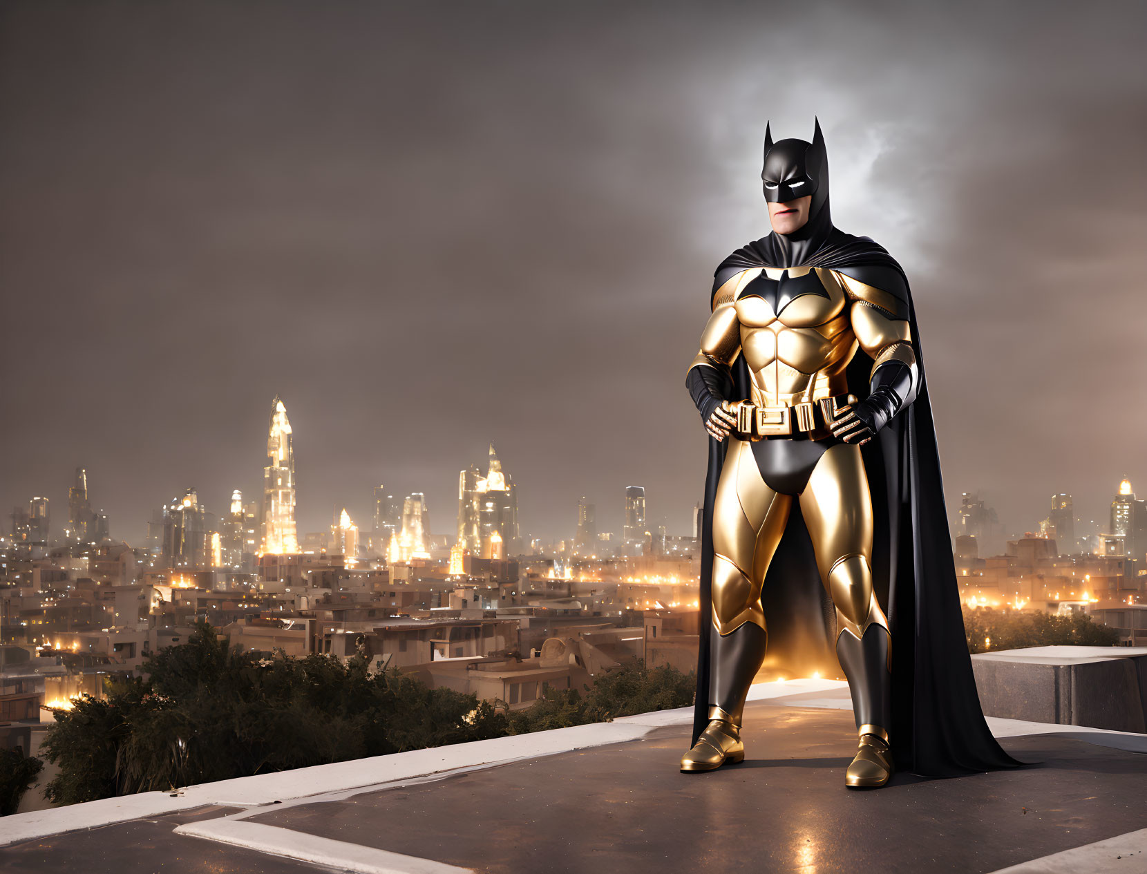 Person in Shiny Gold and Black Batman Costume Rooftop Pose Night Cityscape