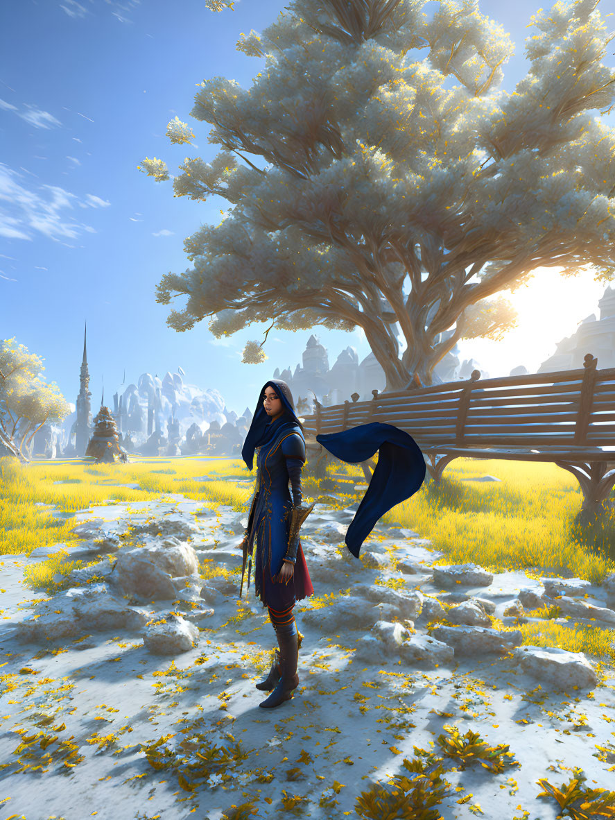 Person in Blue Cloak in Vibrant Fantasy Landscape with Golden Trees and Icy Mountains