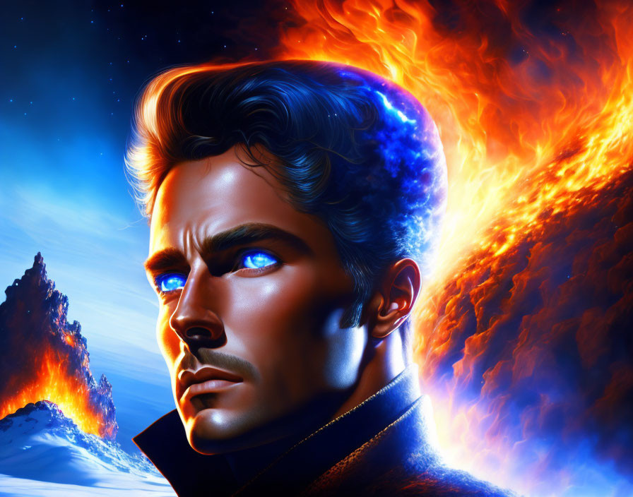 Digital portrait of a man with blue eyes in fiery space and blue planet