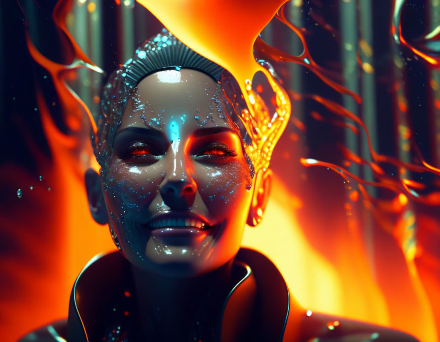 Digital Artwork: Woman with Glowing Skin and Orange Flames