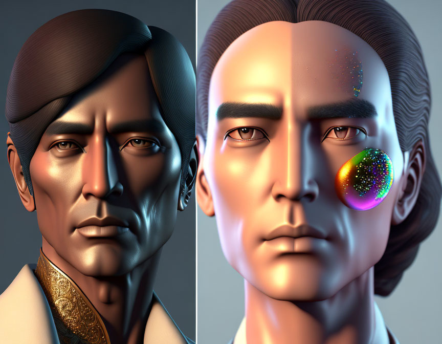 Split Male Faces: Realistic vs. Colorful Digital Enhancements