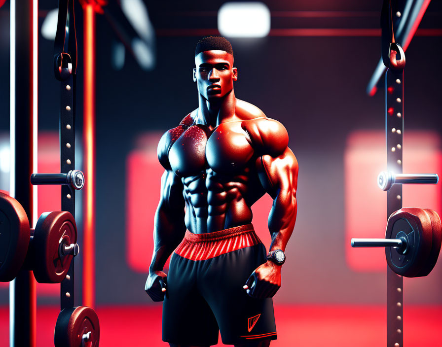 Muscular person posing in gym with weights and barbells under red lighting