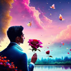 Man in Blue Suit Holding Giant Rose Under Surreal Sky with Floating Woman and Butterflies