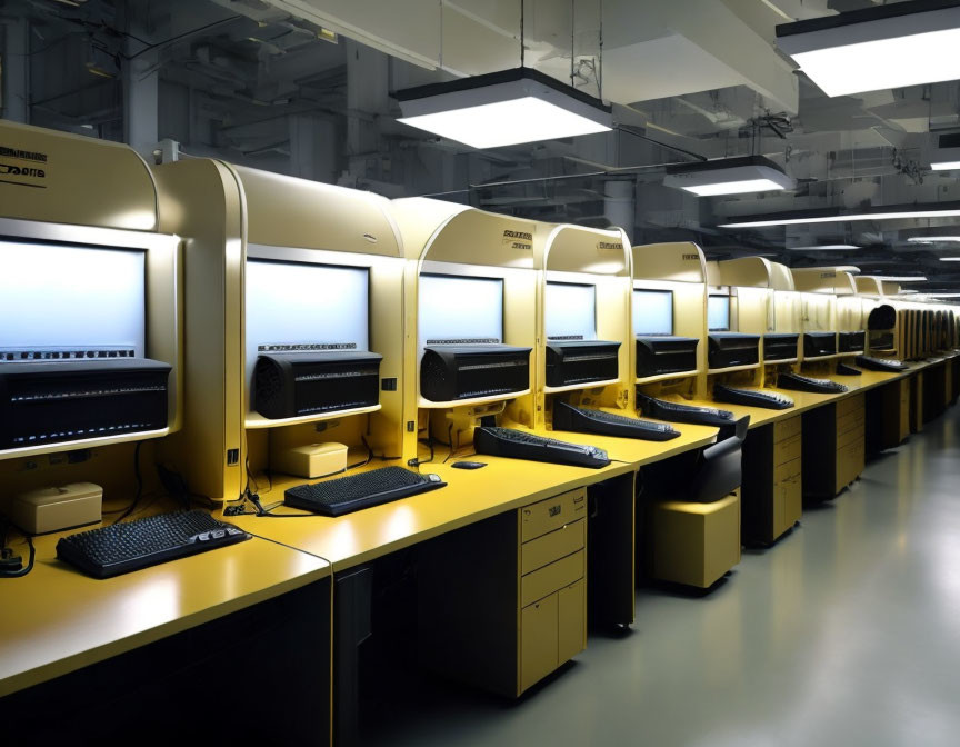 Sophisticated laboratory machines with yellow accents and computer monitors in a modern setting