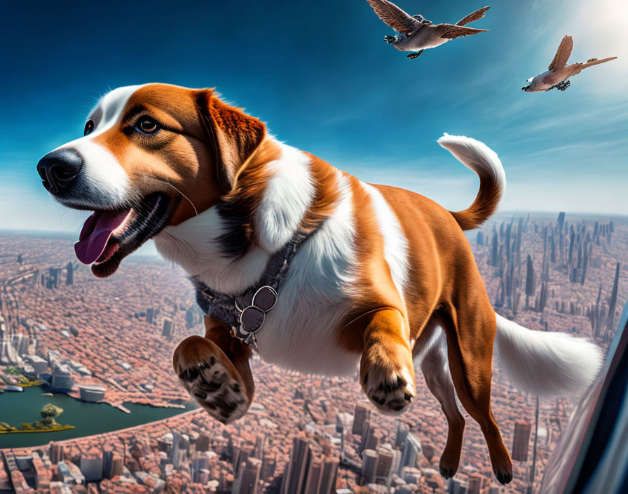 Digitally altered image: Beagle dog flying above cityscape with birds in vibrant sky