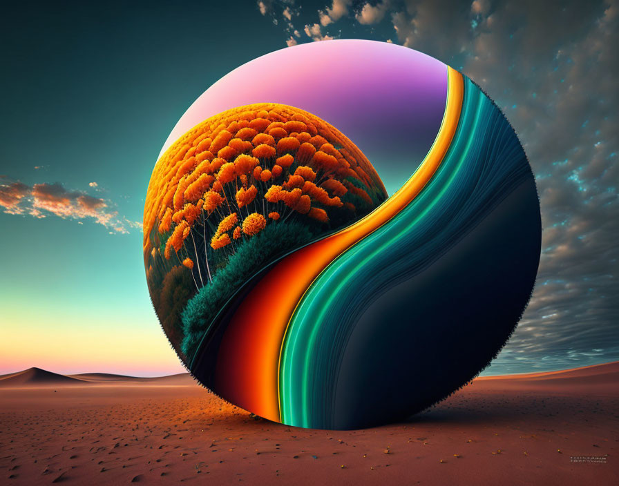 Split sphere surreal landscape with orange floral upper half and blue wavy lower half against desert backdrop