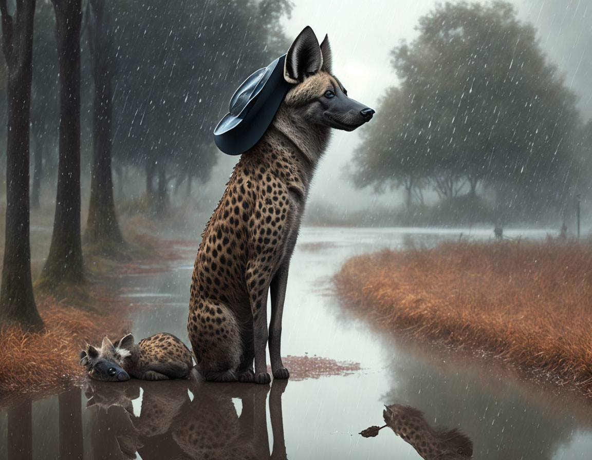 Hyena with hat and cub on rainy path, misty trees and reflections.