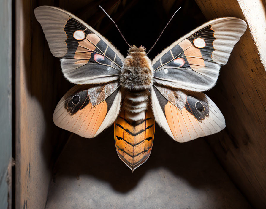 Brown and Creamy White Winged Moth with Eye-like Patterns on Wooden Surface