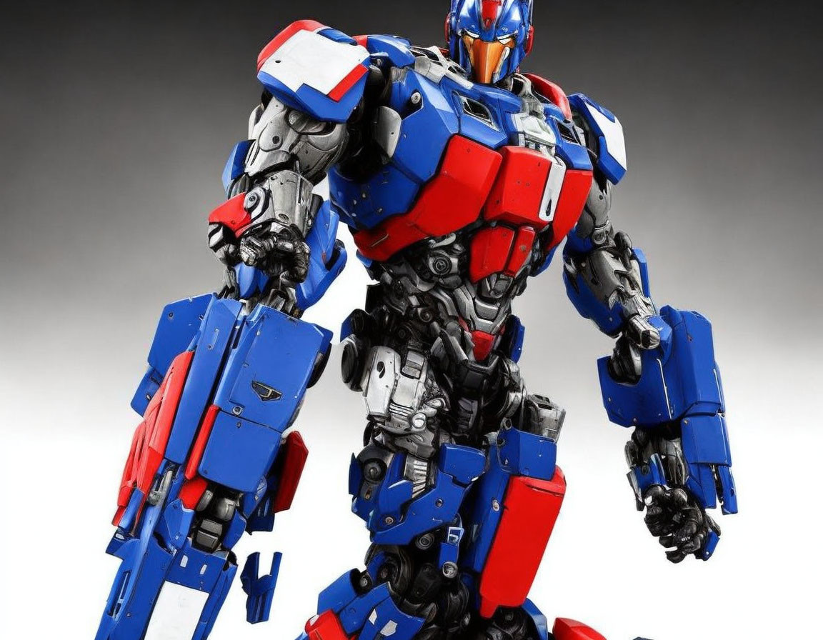 Detailed Blue and Red Robot Model with Mechanical Joints and Armor Plates