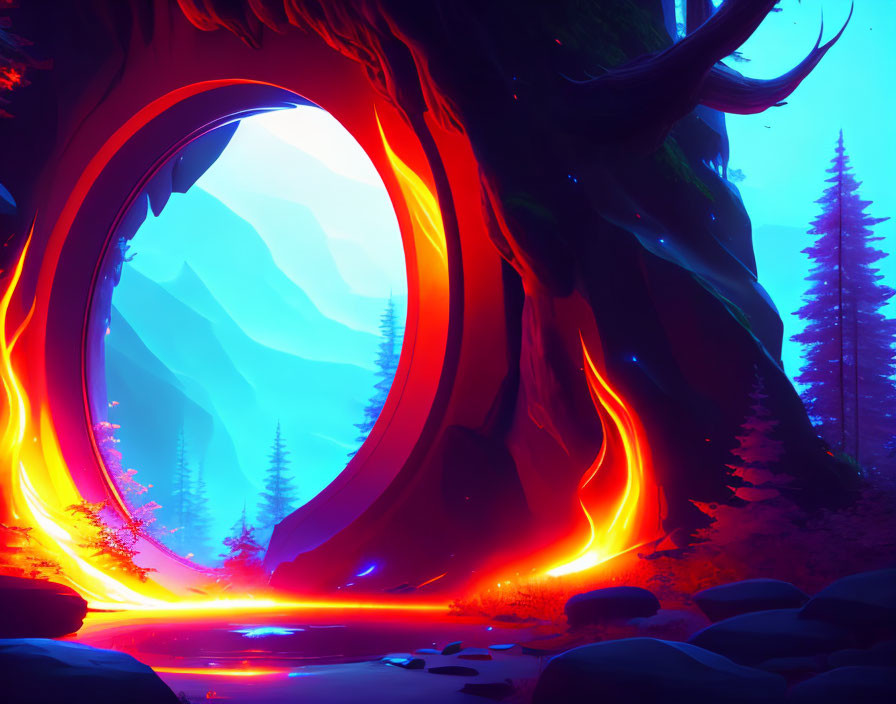 Mystical fiery portal in lush forest under blue sky