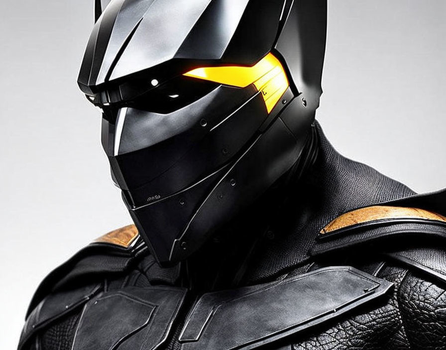 Futuristic person in black helmet with glowing yellow visor and textured protective gear