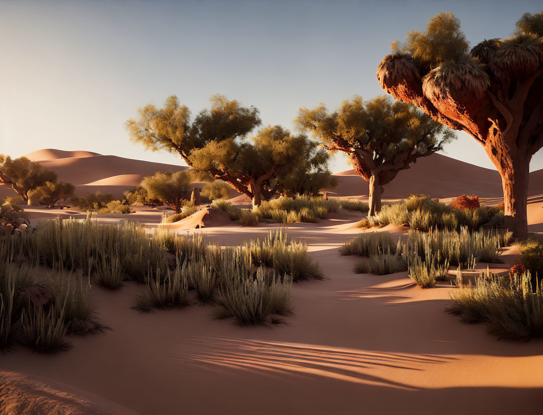 Sunset desert landscape with sand dunes, greenery, and long shadows