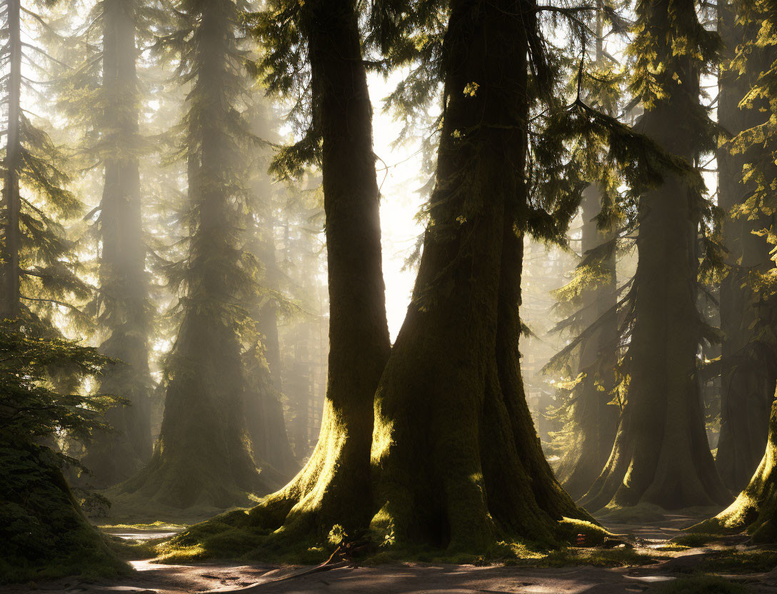 Misty forest with sunlight filtering through trees