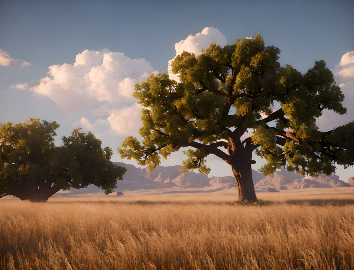 Vast savanna landscape with large trees, golden grass, distant mountains, and fluffy clouds