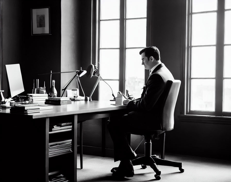 Businessman working at desk in bright office setting