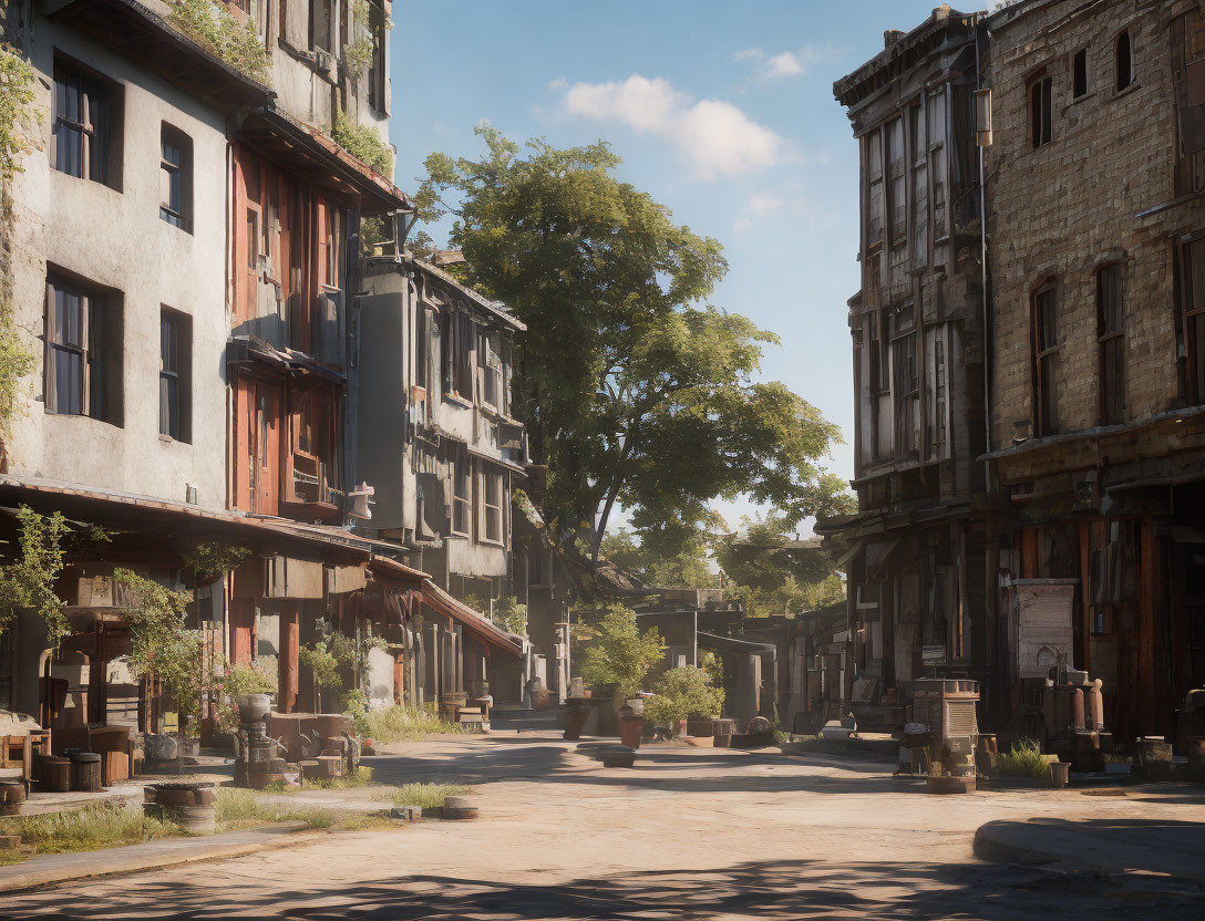 Deserted street with overgrown plants and dilapidated buildings