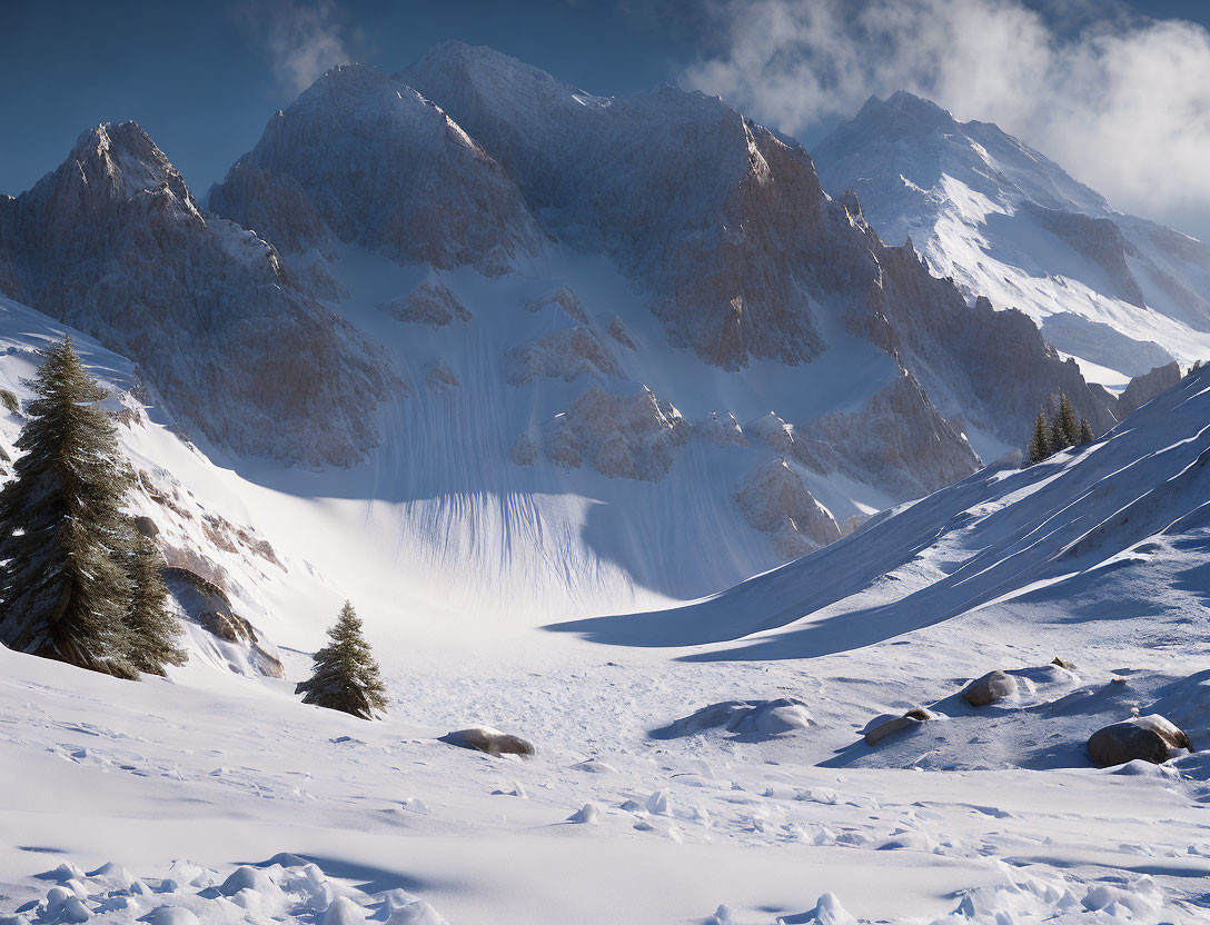 Scenic snow-covered mountain landscape with clear sky and pine trees.