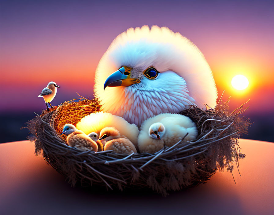 Majestic eagle with fluffy white head watching over chicks in nest at sunset