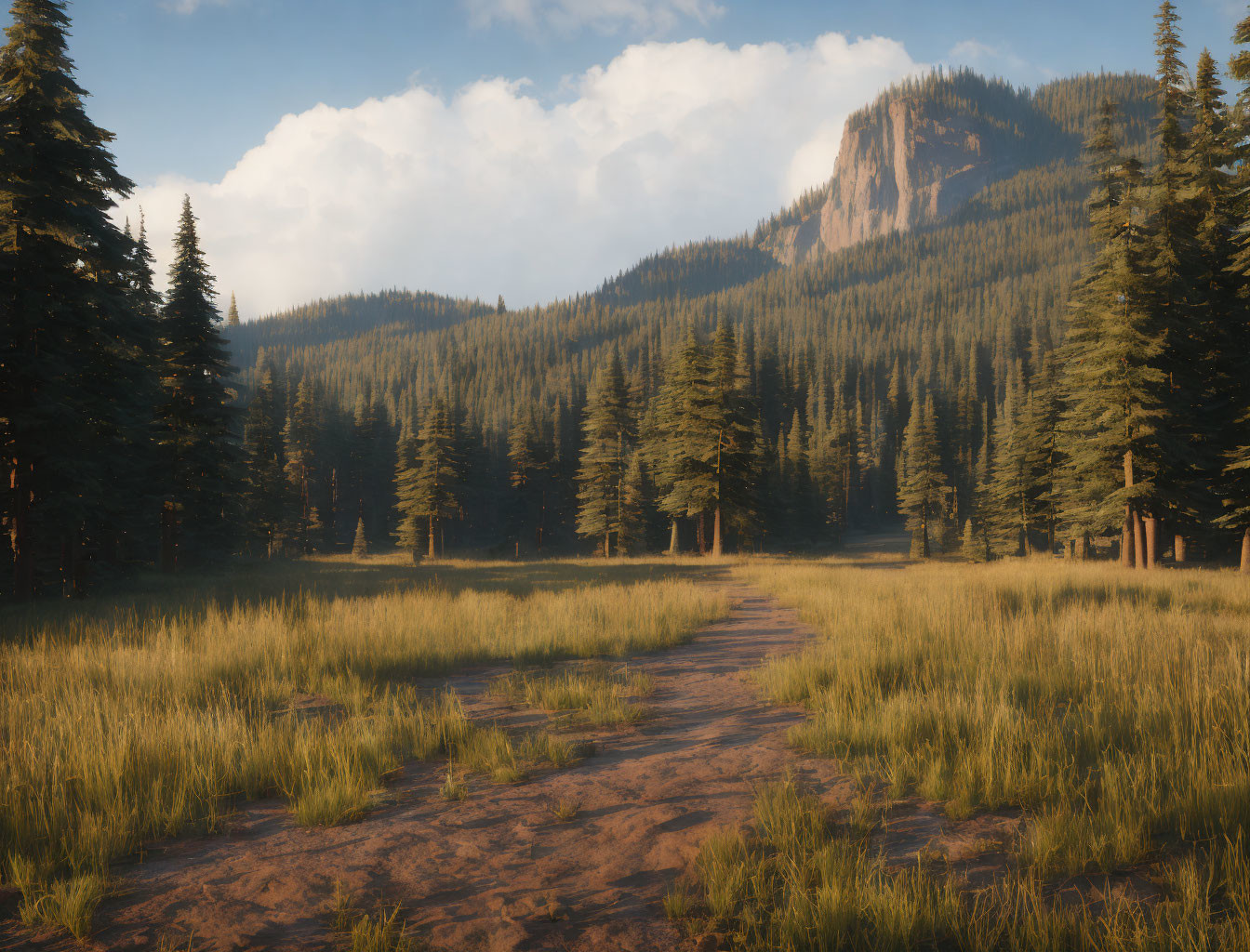 Tranquil forest landscape with dirt path, tall grass, pine trees, and mountain