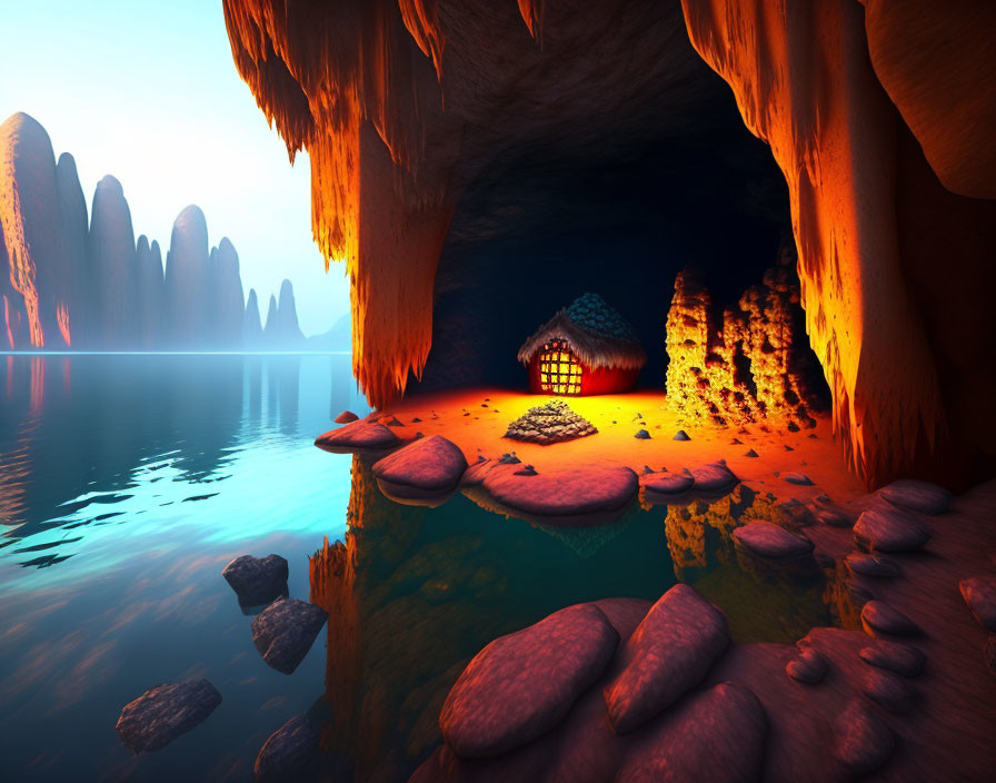 Tranquil cave with cozy hut, floating platforms, and sunset tones