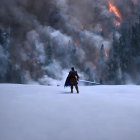 Warrior in Snow with Blue Sword & Gothic Castle Sky