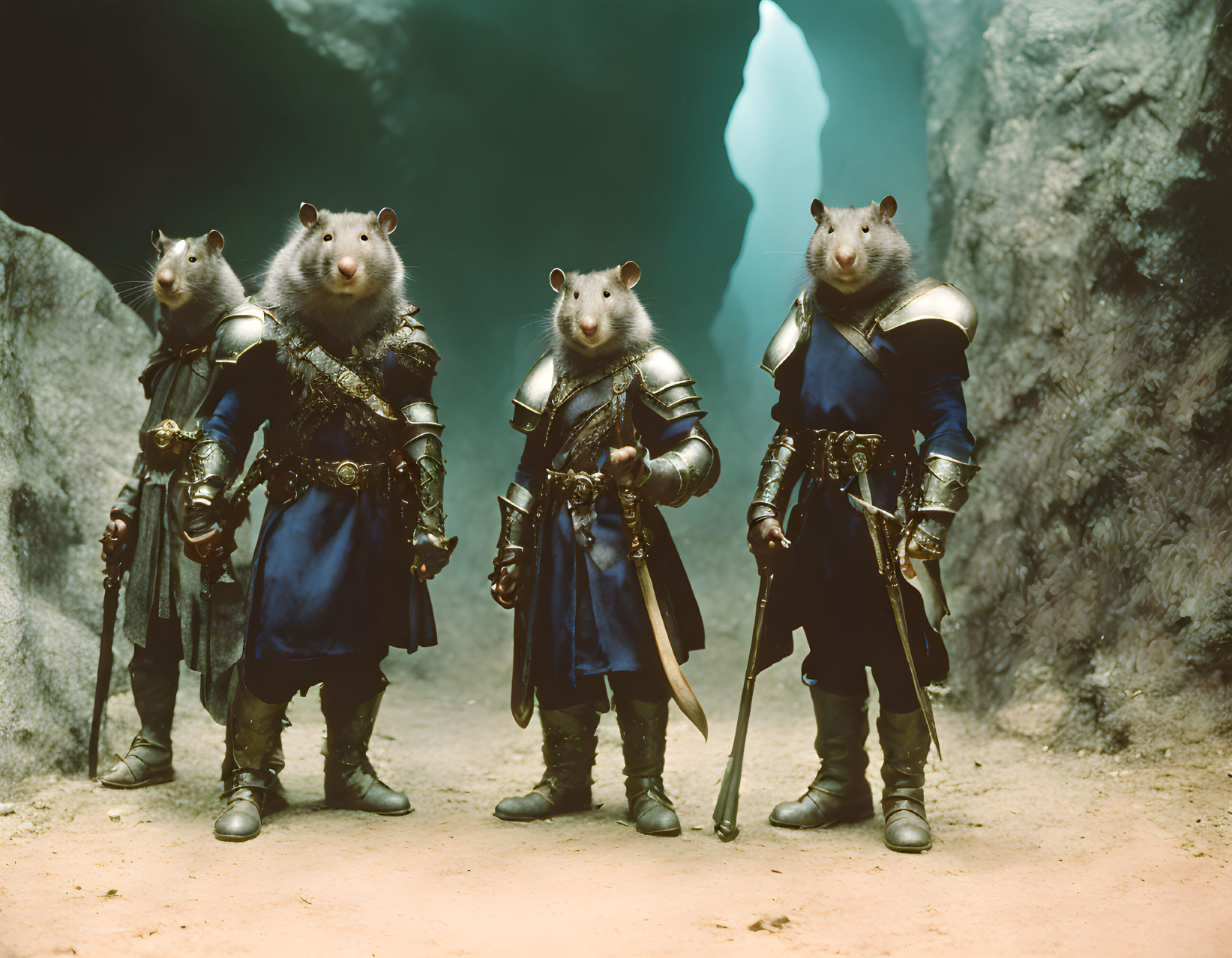 Anthropomorphic rats in medieval warrior attire in glowing cave