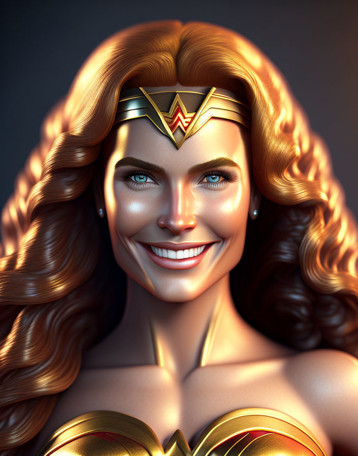 Digital artwork of a smiling woman in Wonder Woman tiara and gold armor