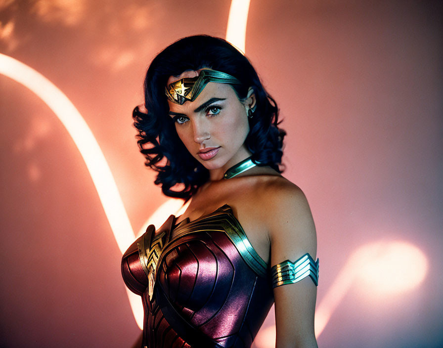 Woman in Wonder Woman costume with tiara, arm cuffs, and metallic bodice poses confidently in front