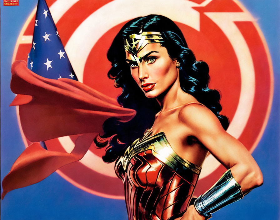 Iconic Wonder Woman illustration in classic patriotic pose with red, blue, and gold costume and Lasso