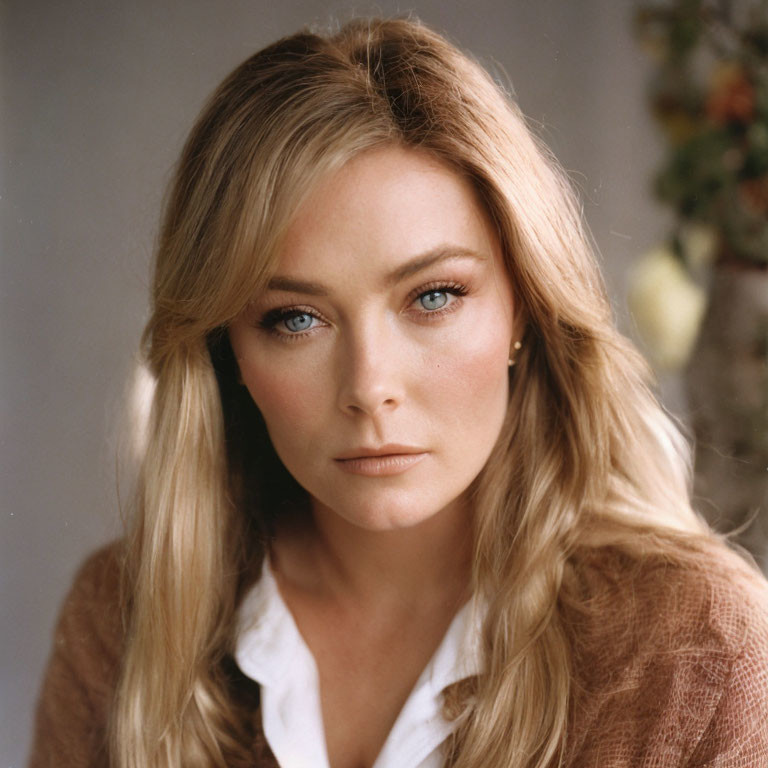 Woman with Blue Eyes and Blonde Hair in White Shirt and Brown Cardigan Portrait