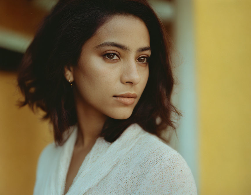 Portrait of woman with shoulder-length dark hair in white knit top on yellow background