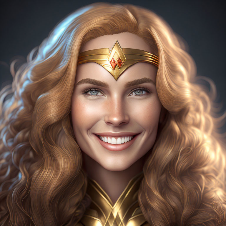 Smiling woman with curly hair and golden tiara exudes superhero aura