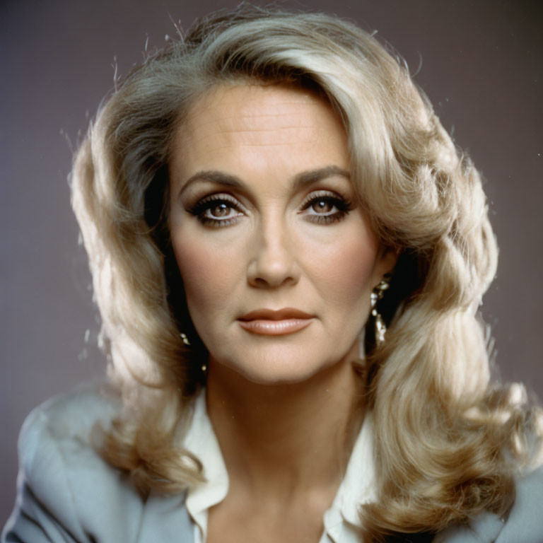 Portrait of woman with voluminous blonde hair, blue eyes, light blue blouse