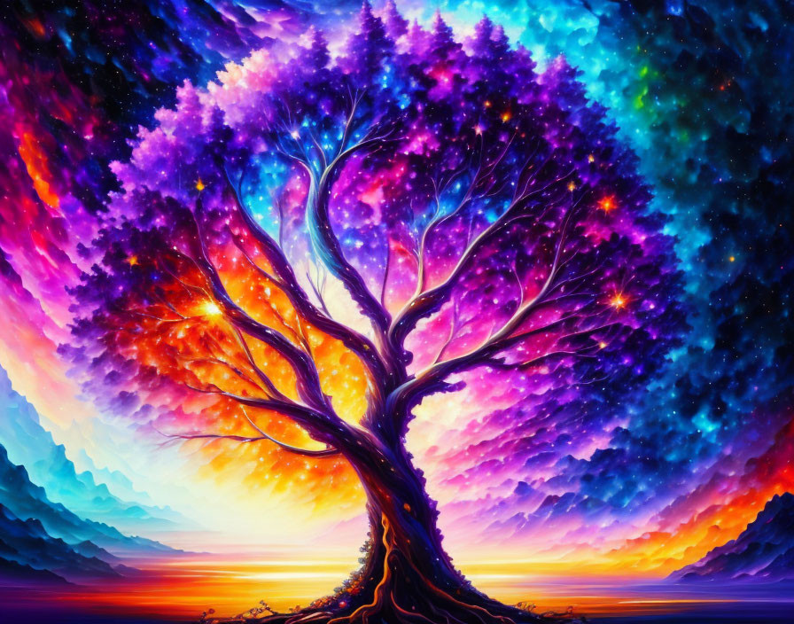 Colorful painting: Tree against sunset sky to cosmic space