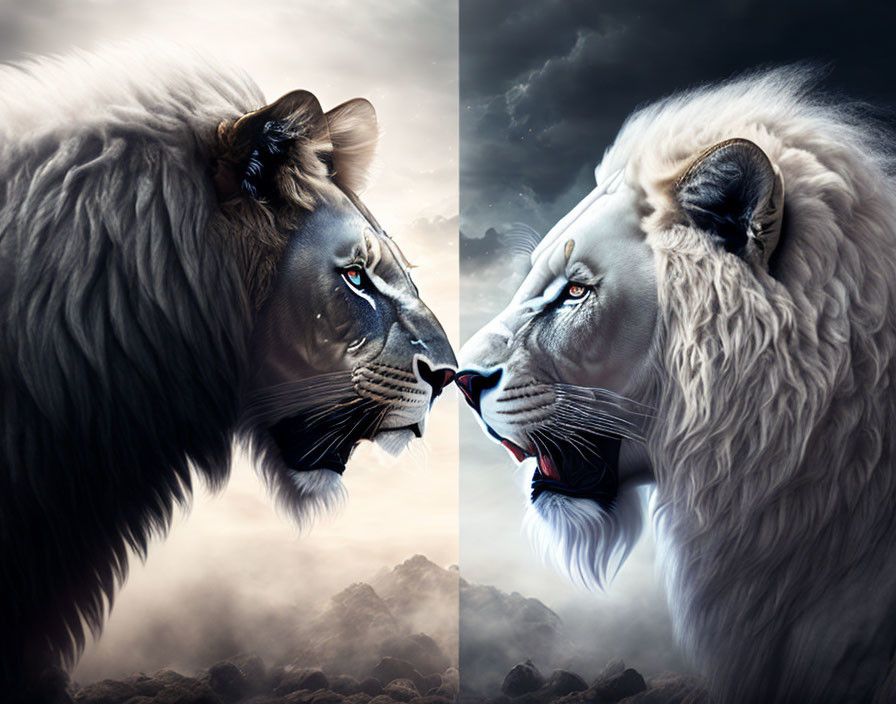 Contrasting black and white fur lions in dramatic sky and misty background