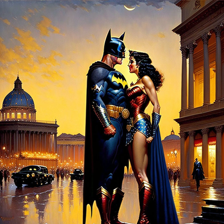 Superheroes Batman and Wonder Woman illustrated together against grand building and twilight sky.