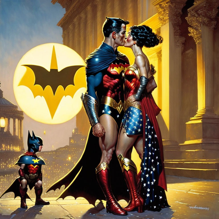 Superheroes share a kiss under Bat-Signal at night