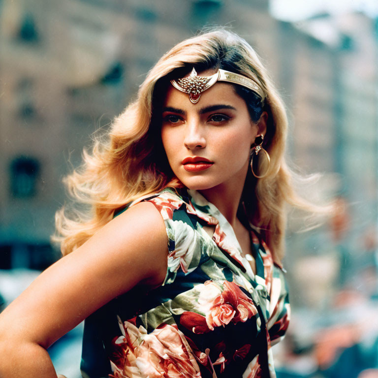 Blonde woman in floral dress and gold jewelry on city street